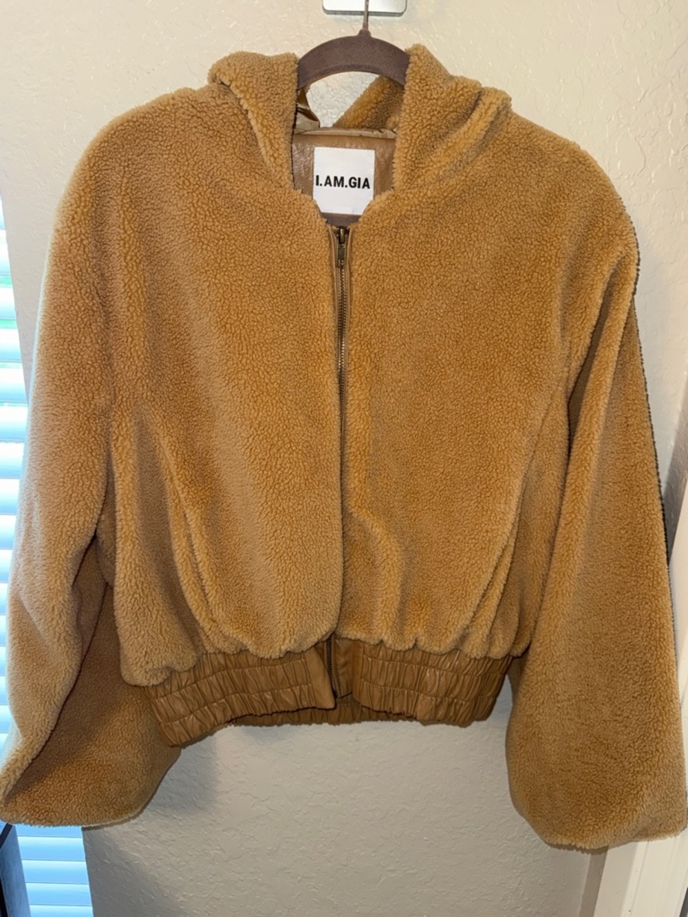 I.AM.GIA Plush Hooded Bomber Jacket - Camel Brown
